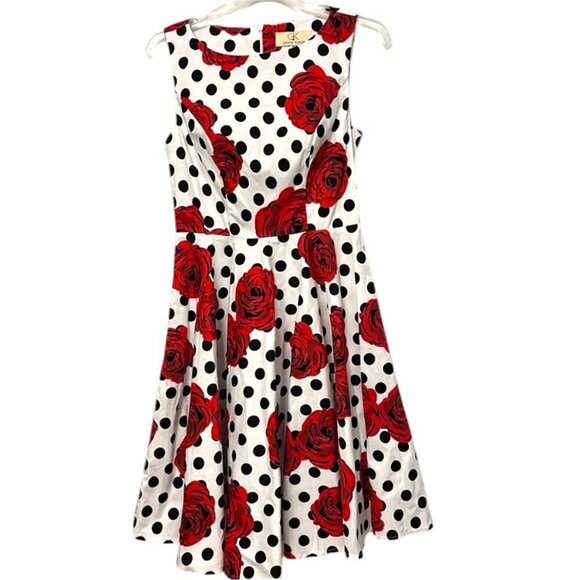 Fit & Flare Dress Polka Dots + Red Roses = Retro Charm Vintage Vibe GardenParty - Picture 1 of 6